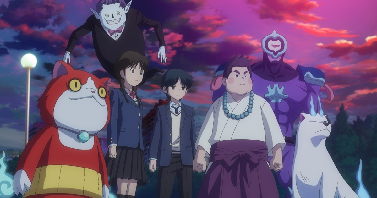 Akinori Arihoshi, Natsume Amano, and Touma Tsukinami from the Yo-kai Watch: Shadowside film 